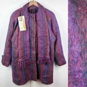 Donegal Design Mohair Irish Wool Fringe Scarf Coat Purple Striped Rainbow NEW